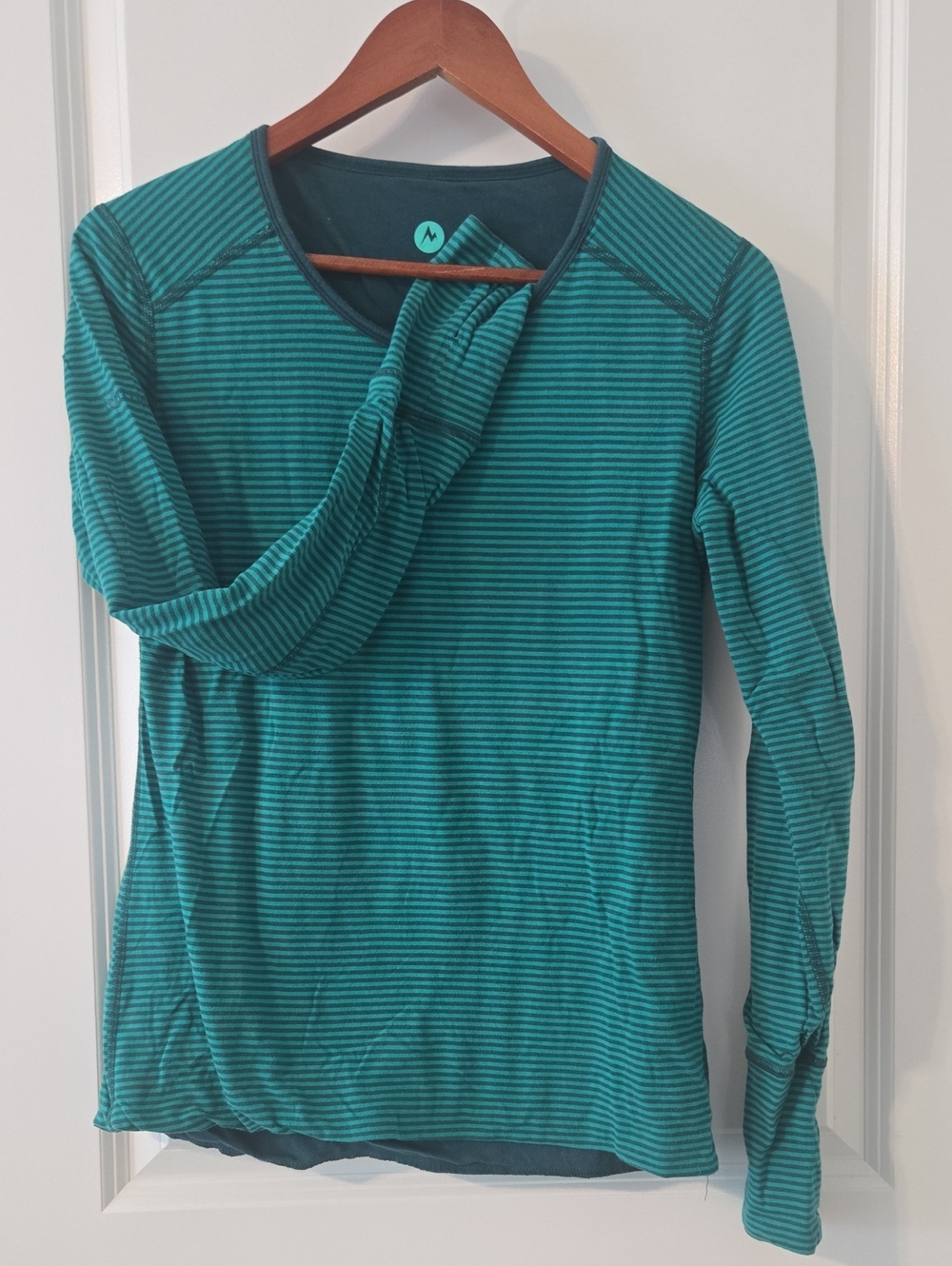 Marmot Striped Teal Long-Sleeve Hooded Tee/ reversable With Thumb Holes